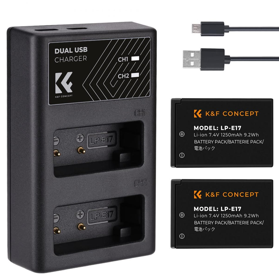 K&F Concept LP-E17 Dual Slot Battery Fast Charge with 2 Batteries 1250mAh, Compatible with Canon (KF28.0014)