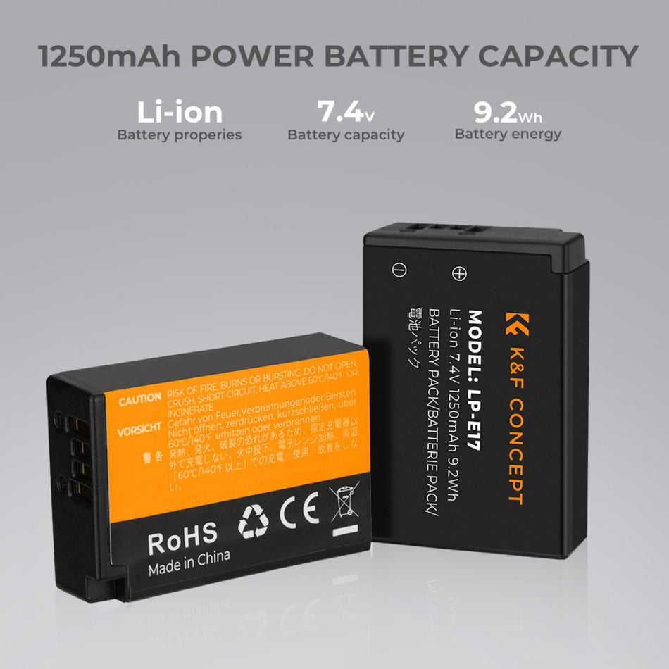 K&F Concept LP-E17 Dual Slot Battery Fast Charge with 2 Batteries 1250mAh, Compatible with Canon (KF28.0014)