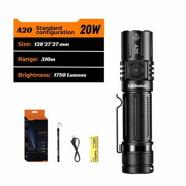 Ισχυρός EDC Φακός Χειρός A20 | 1750 Lumens 20W | 310m Απόσταση Δέσμης |  Επαναφορτιζόμενος Type-C | Αδιάβροχος