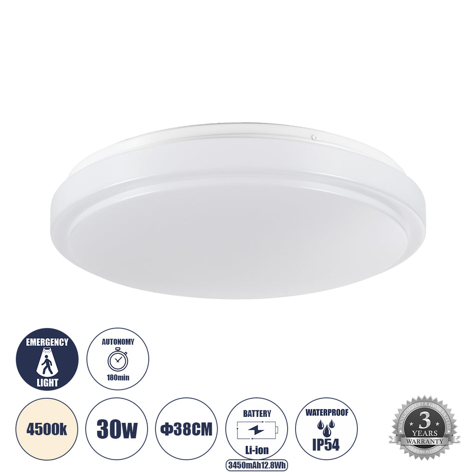 GLOBOSTAR® EMERGANO 60993 Φωτιστικό Πλαφονιέρα Οροφής με Ενσωματωμένο Σύστημα Emergency Li-ion 3450mAh/12.8Wh με Αυτονομία 3hrs LED 30W 2850lm 120° AC 220-240V Αδιάβροχο IP54 Φυσικό Λευκό 4500K - Lumileds SMD Chip - Λευκό Γαλακτερό - Μ38 x Π38 x Υ5.3cm...