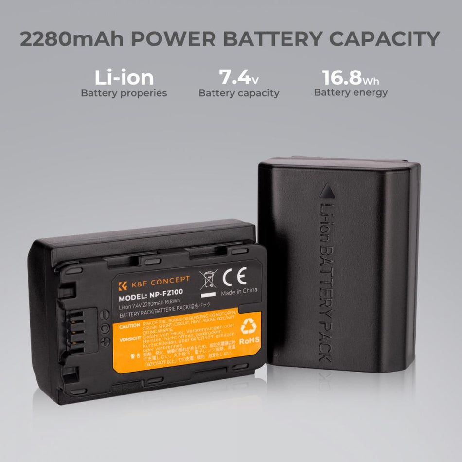 K&F Concept NP-FZ100 Dual Slot Battery Fast Charge with 2 Batteries 2280mAh, Compatible with Sony (KF28.0016)