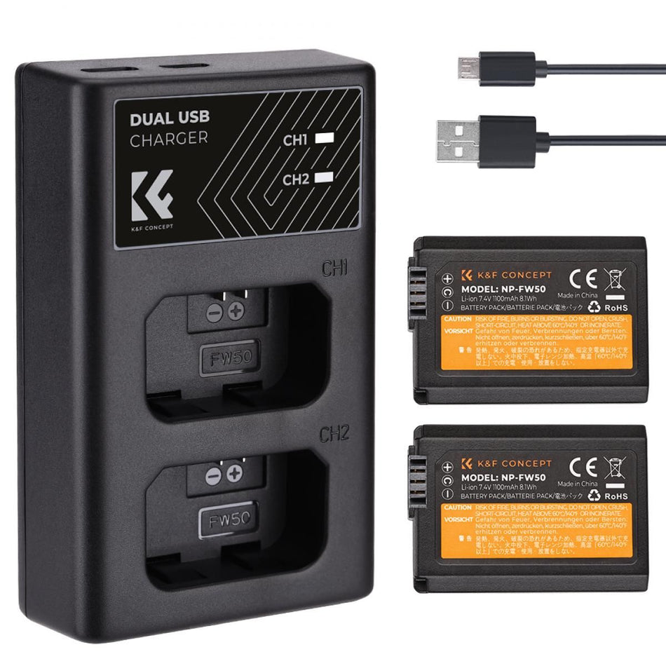 K&F Concept NP-FW50 Dual Slot Battery Fast Charge with 2 Batteries 1100mAh, Compatible with Sony (KF28.0015)