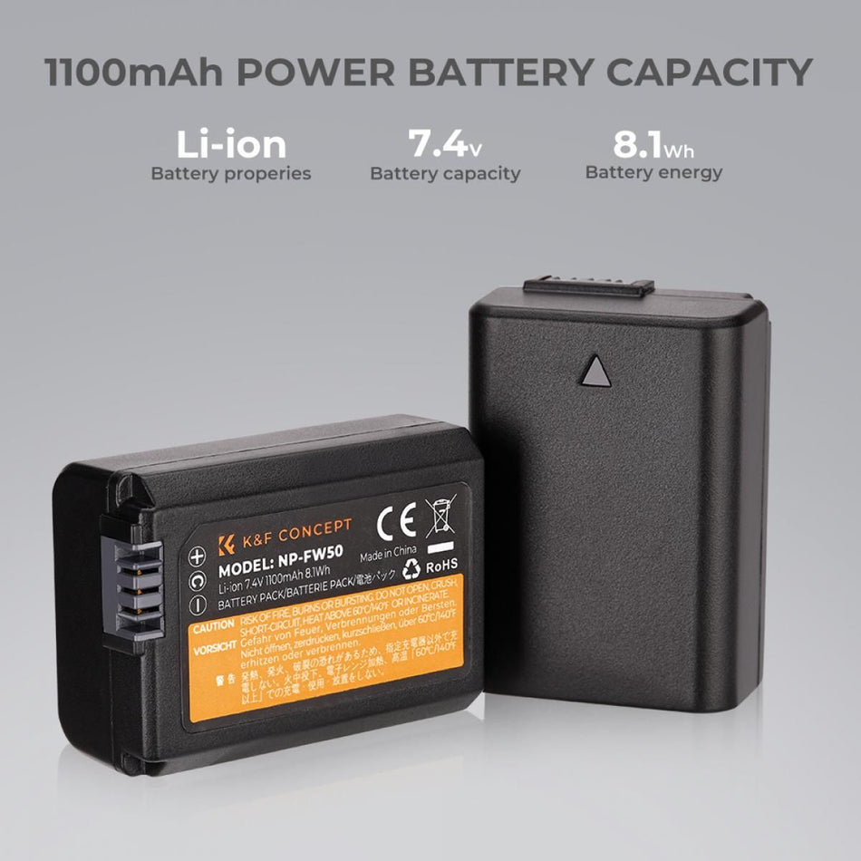 K&F Concept NP-FW50 Dual Slot Battery Fast Charge with 2 Batteries 1100mAh, Compatible with Sony (KF28.0015)