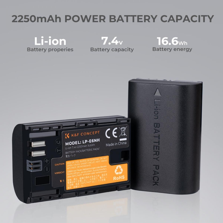K&F Concept LP-E6NH Dual Slot Battery Fast Charge with 2 Batteries 2250mAh, Compatible with Canon (KF28.0021)