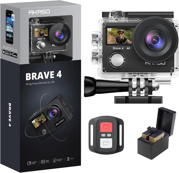 Akaso Brave 4 4K30fps 20MP WiFi Action Camera Υποβρύχια (με Θήκη) με WiFi Οθόνη 2" EIS Remote Control 5xZoom 2 Μπαταρίες και Αξεσουάρ