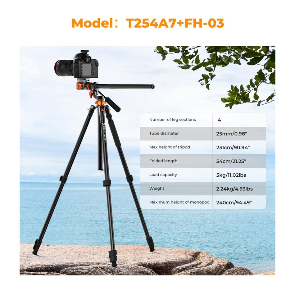 K&F Concept T234A7+FH-03 Compact Aluminum Video Tripod With Fluid Head (KF09.137)