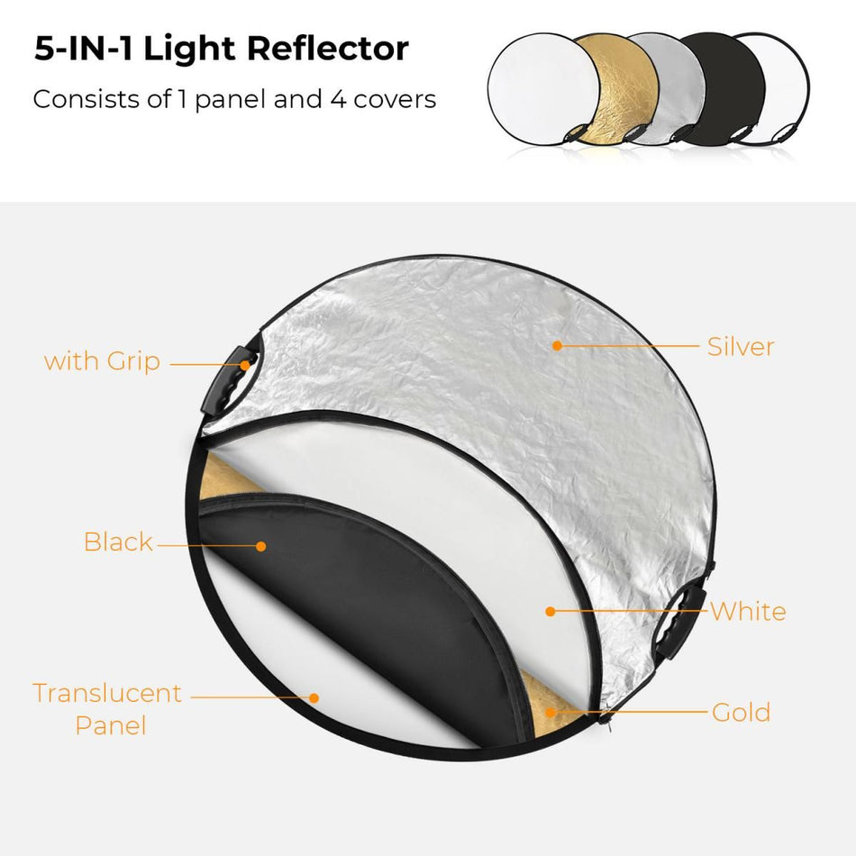 K&F Concept 5-In-1 Reflector Disc With Grips ( Gold/Silver/Black/White/Translucent) 110cm KF18.0006