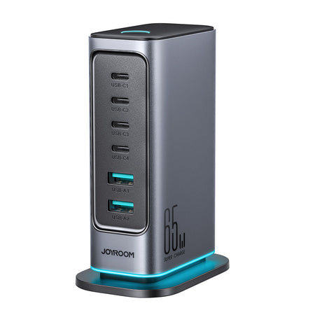 Joyroom JR-TCM02 Multiport GaN Charger 65W EU 4x USB-C 2x USB-A - Dark Gray