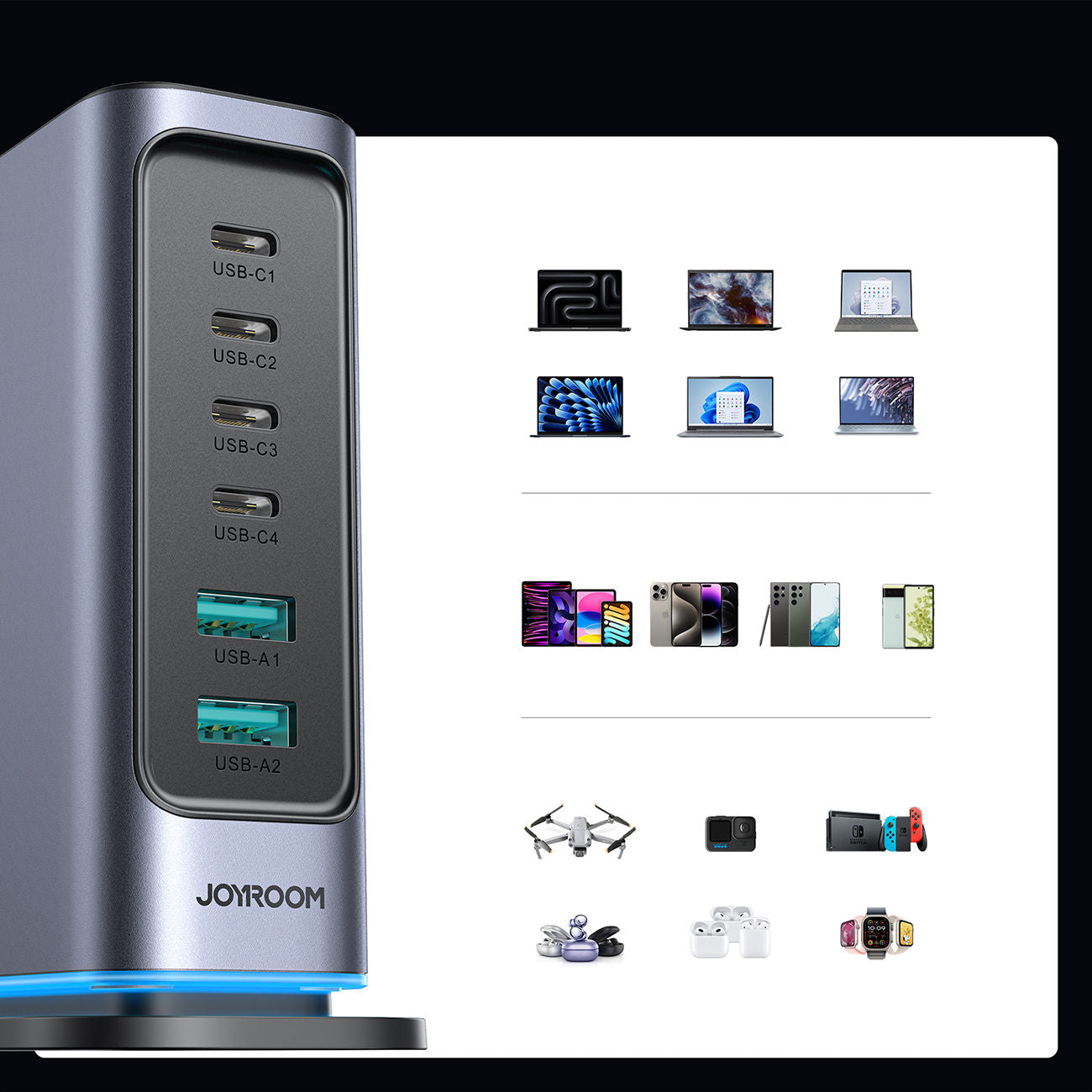 Joyroom JR-TCM02 Multiport GaN Charger 65W EU 4x USB-C 2x USB-A - Dark Gray