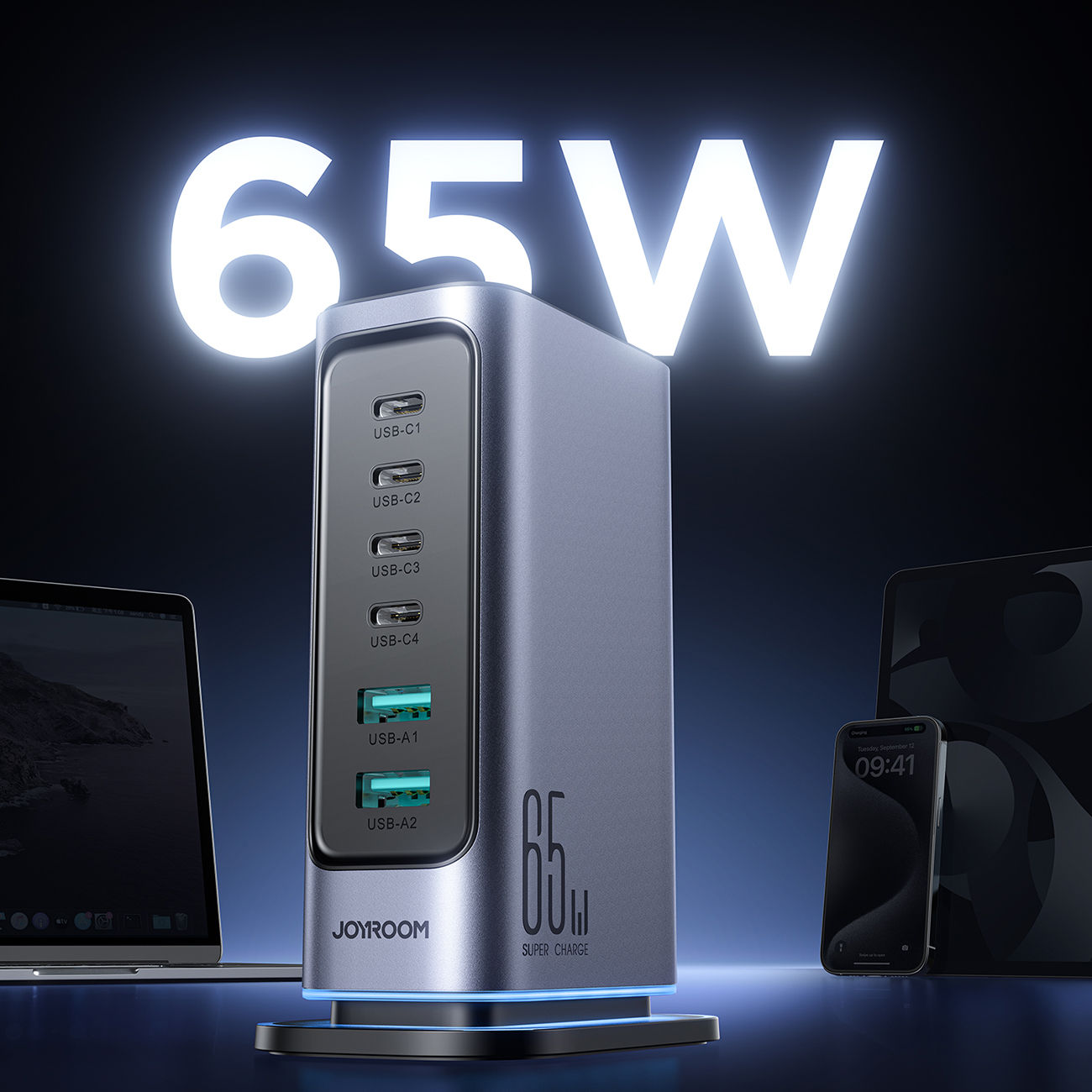 Joyroom JR-TCM02 Multiport GaN Charger 65W EU 4x USB-C 2x USB-A - Dark Gray