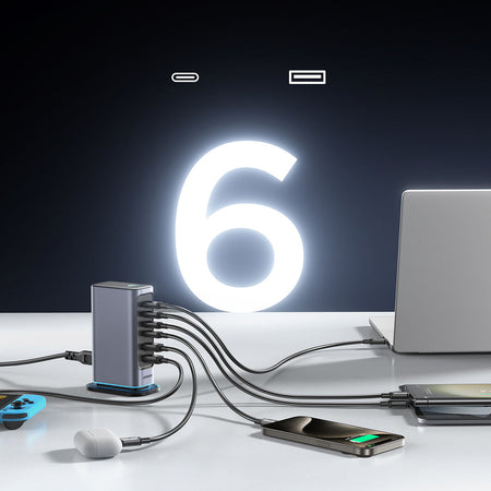 Joyroom JR-TCM02 Multiport GaN Charger 65W EU 4x USB-C 2x USB-A - Dark Gray
