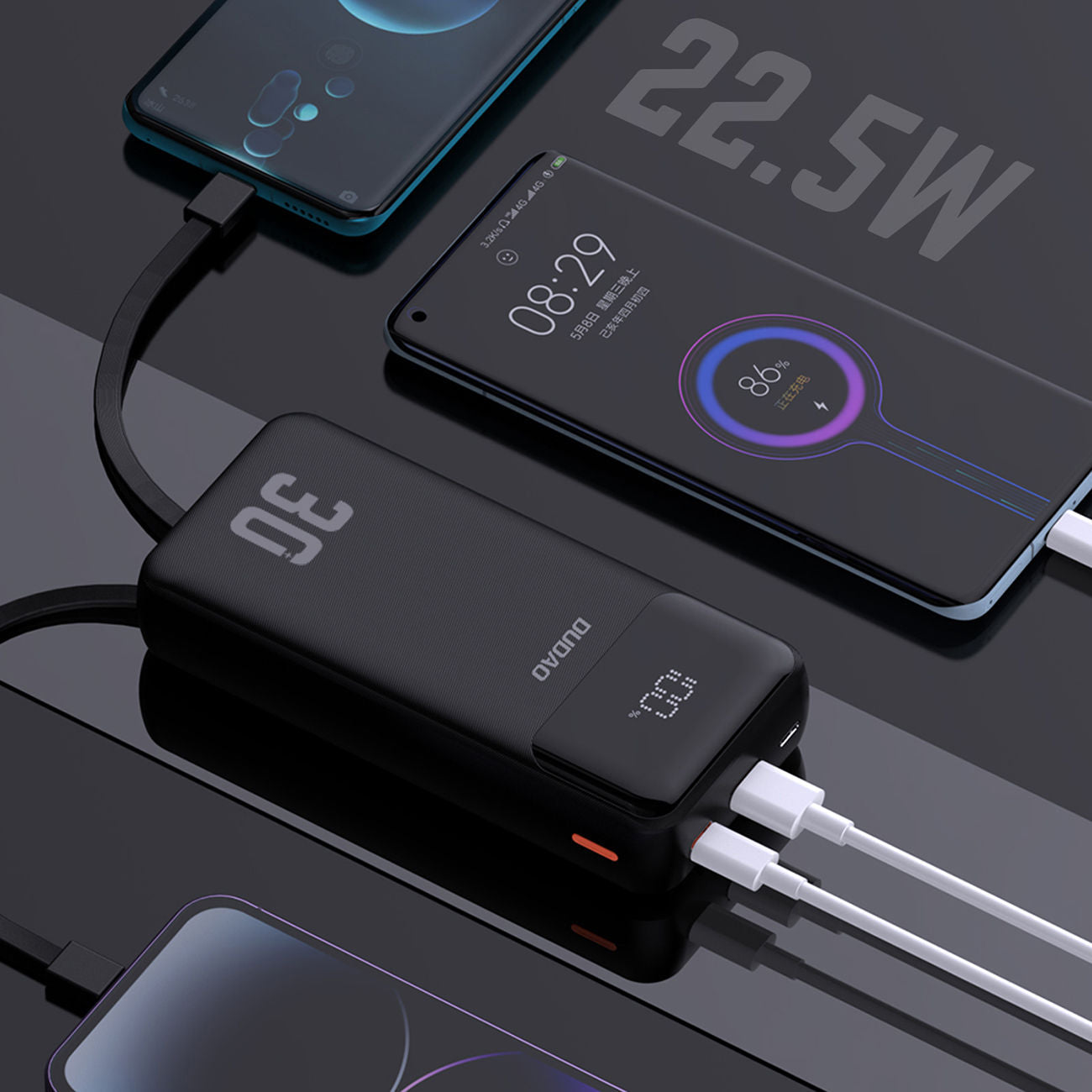 Dudao K15MAX 30000mAh PD 22.5W Powerbank with Built-in Cables - Black