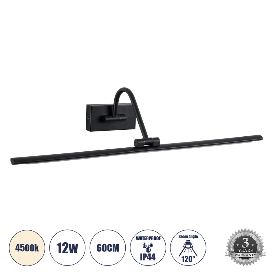 GLOBOSTAR® MIRA 60432 Μοντέρνο Φωτιστικό Τοίχου - Απλίκα Καθρέπτη Μπάνιου LED 12W 1400lm 120° AC 220-240V IP44 Φυσικό Λευκό 4500K - Lumileds SMD Chip & TÜV SÜD Driver - Μαύρο Ματ - Μ60 x Π20 x Υ13cm - 3 Χρόνια Εγγύηση