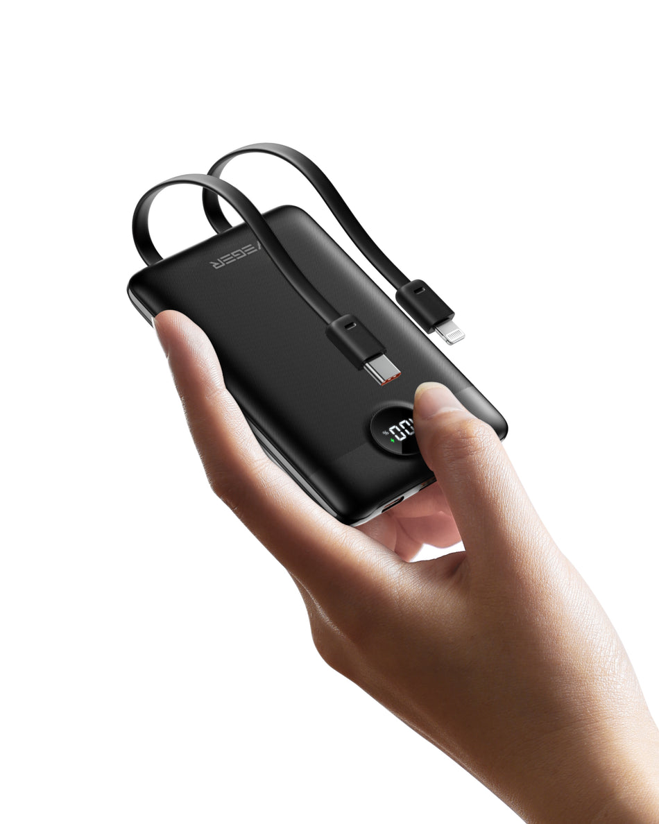 Veger C11 - 10,000mAh PD22.5W PD Digital Display Light Weight Powerbank With Built In Lightning & USB-C Cable Μαύρο
