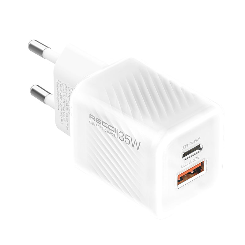 RECCI RC83E - Chargeur rapide 35W GaN USB-C + USB-A |QC3.0 - Blanc