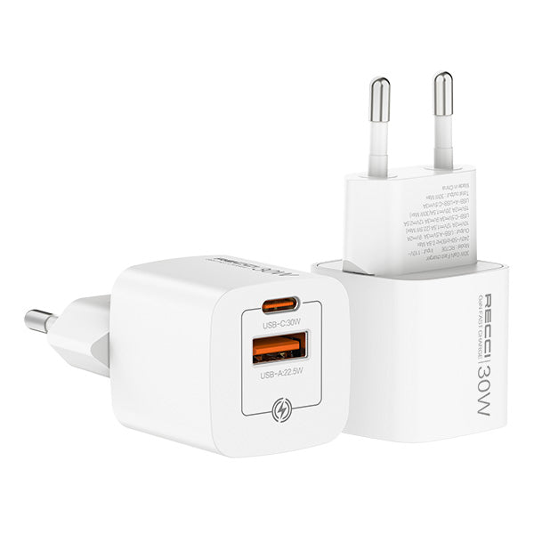 RECCI RC70E - Chargeur rapide 30W GaN USB-C + USB-A PD3.0|QC3.0 - Blanc