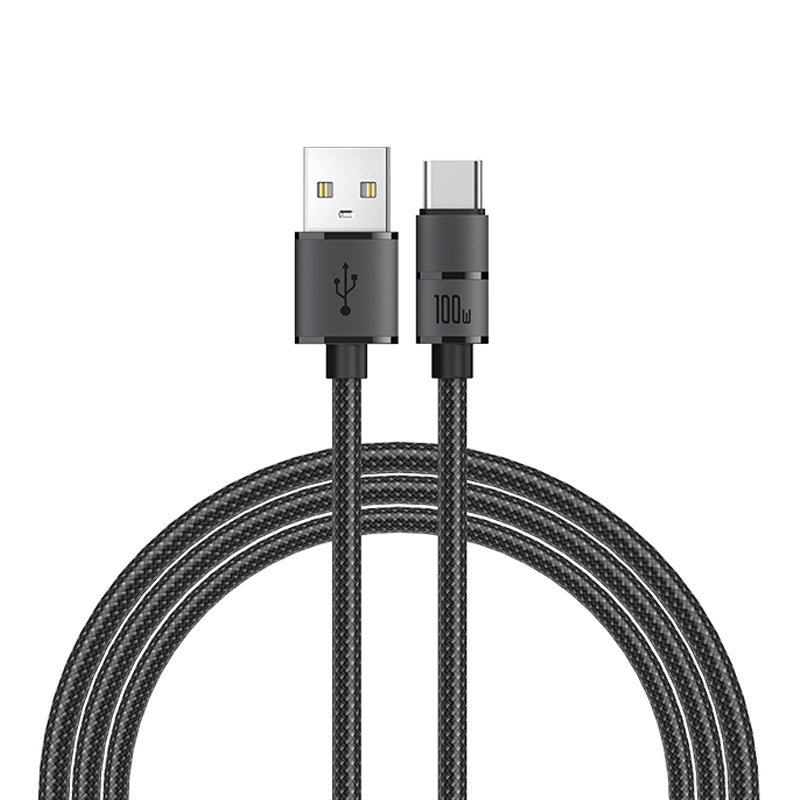 RECCI RS12C - PD100W Fast Charging USB-A To C Braided Wire + Aluminum Speed Data Cable 2M - Black