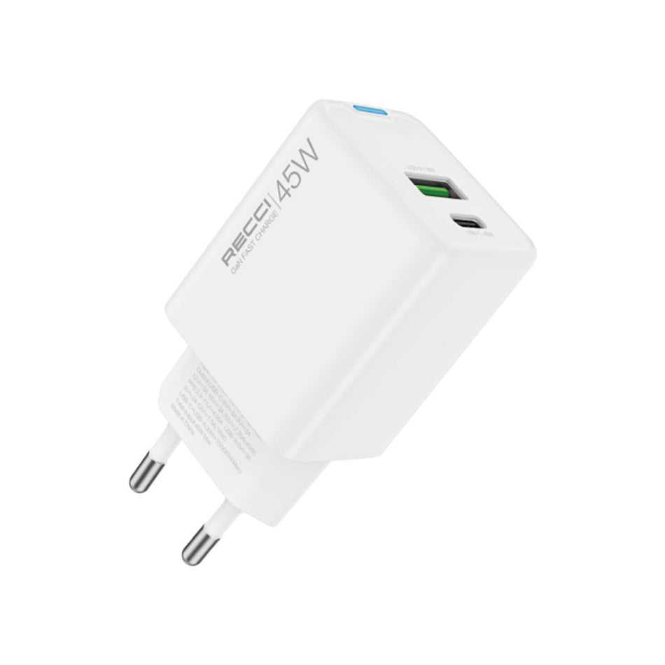 Chargeur Rapide Recci RC108E Gan PD45W avec Câble Type-C vers Type-C - Blanc