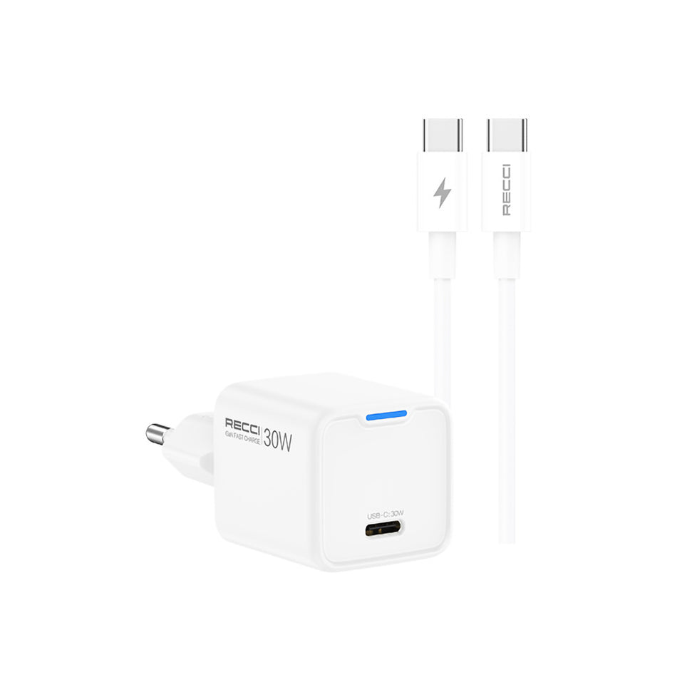 Chargeur USB-C RECCI RC112E GaN PD30W avec câble de données de charge rapide