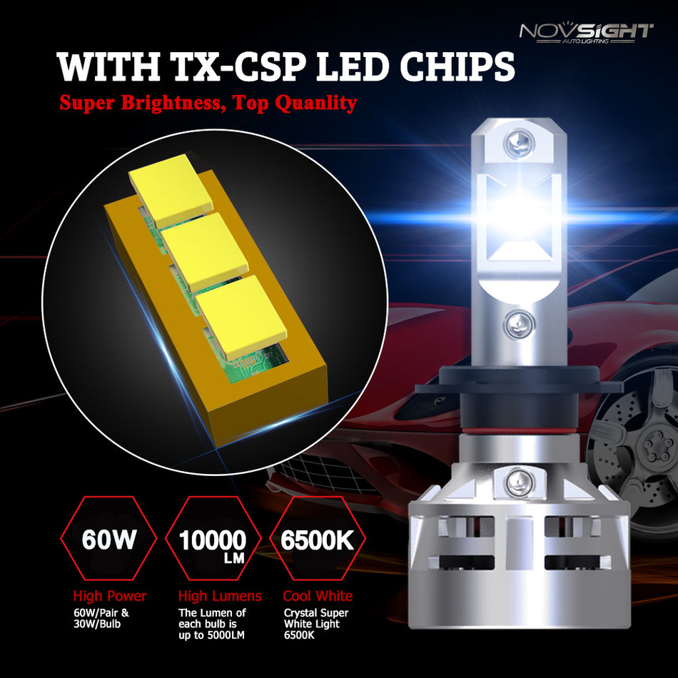Novsight LED Λάμπες Αυτοκινήτου Canbus N9 H7, 60W 10000 Lumens 6500K, Αδιάβροχο IP68, 2 Έτη Εγγύση, 2τμχ