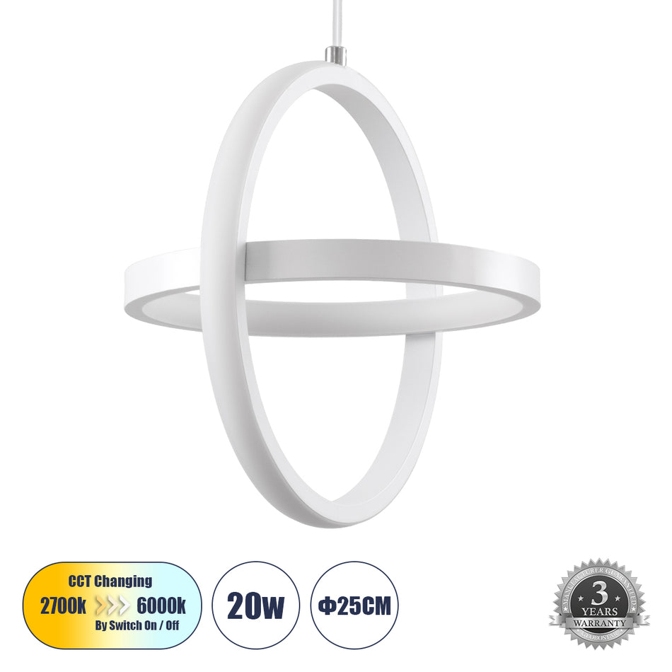 GLOBOSTAR® ALICE 61056 Μοντέρνο Κρεμαστό Φωτιστικό Οροφής LED 20W 2400lm 300° AC 220-240V IP20 Ρυθμιζόμενο Λευκό CCT με On/Off 2700K/4500K/6000K - Lumileds SMD Chip - Λευκό Ματ - Μ25 x Π22 x Υ25cm - 3 Χρόνια Εγγύηση