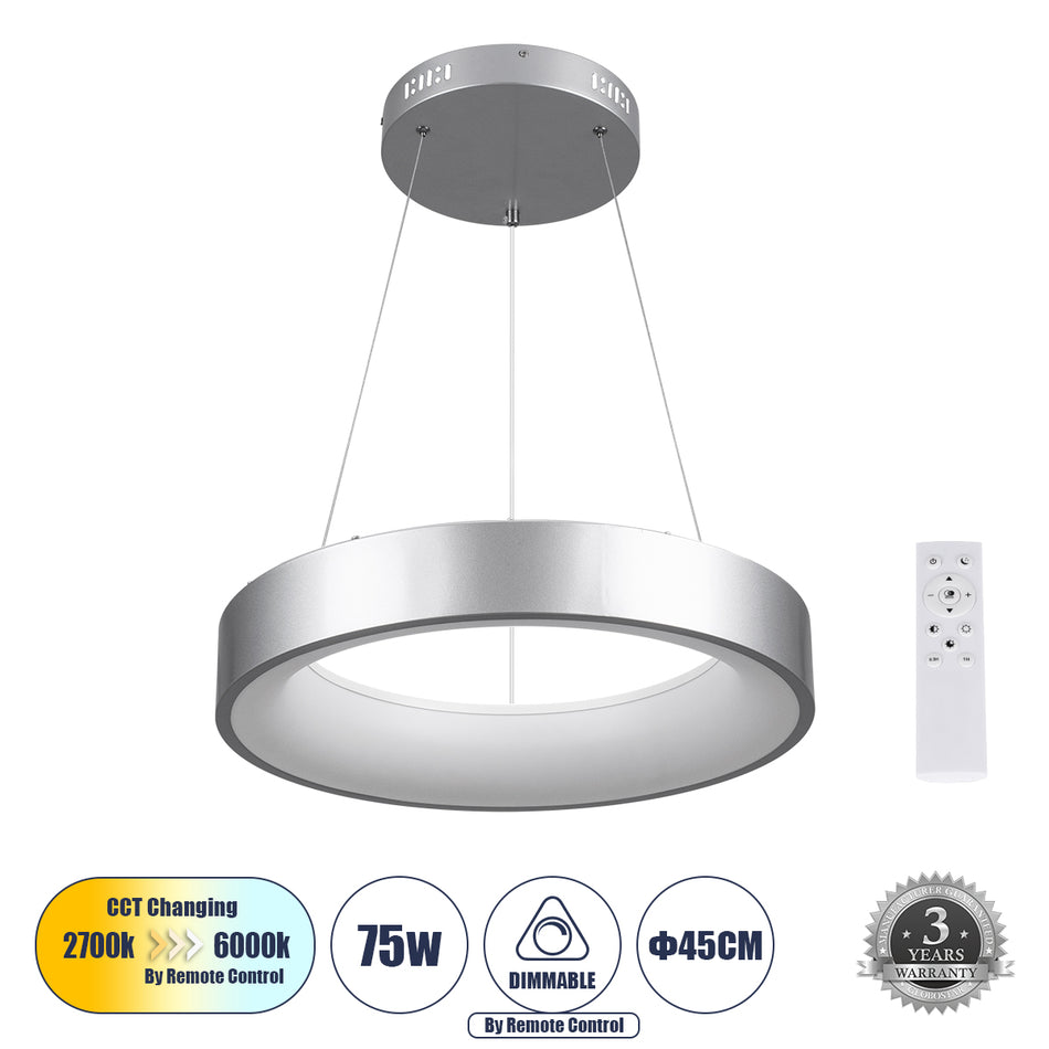 GLOBOSTAR® SALEM 61242 Μοντέρνο Κρεμαστό Φωτιστικό Οροφής LED 75W 8625lm 120° AC 220-240V IP20 Ρυθμιζόμενο Λευκό CCT με Χειριστήριο από 2700K έως 6000K Dimmable - Lumileds SMD Chip - Γκρι - Μ45 x Π45 x Υ7cm - 3 Χρόνια Εγγύηση