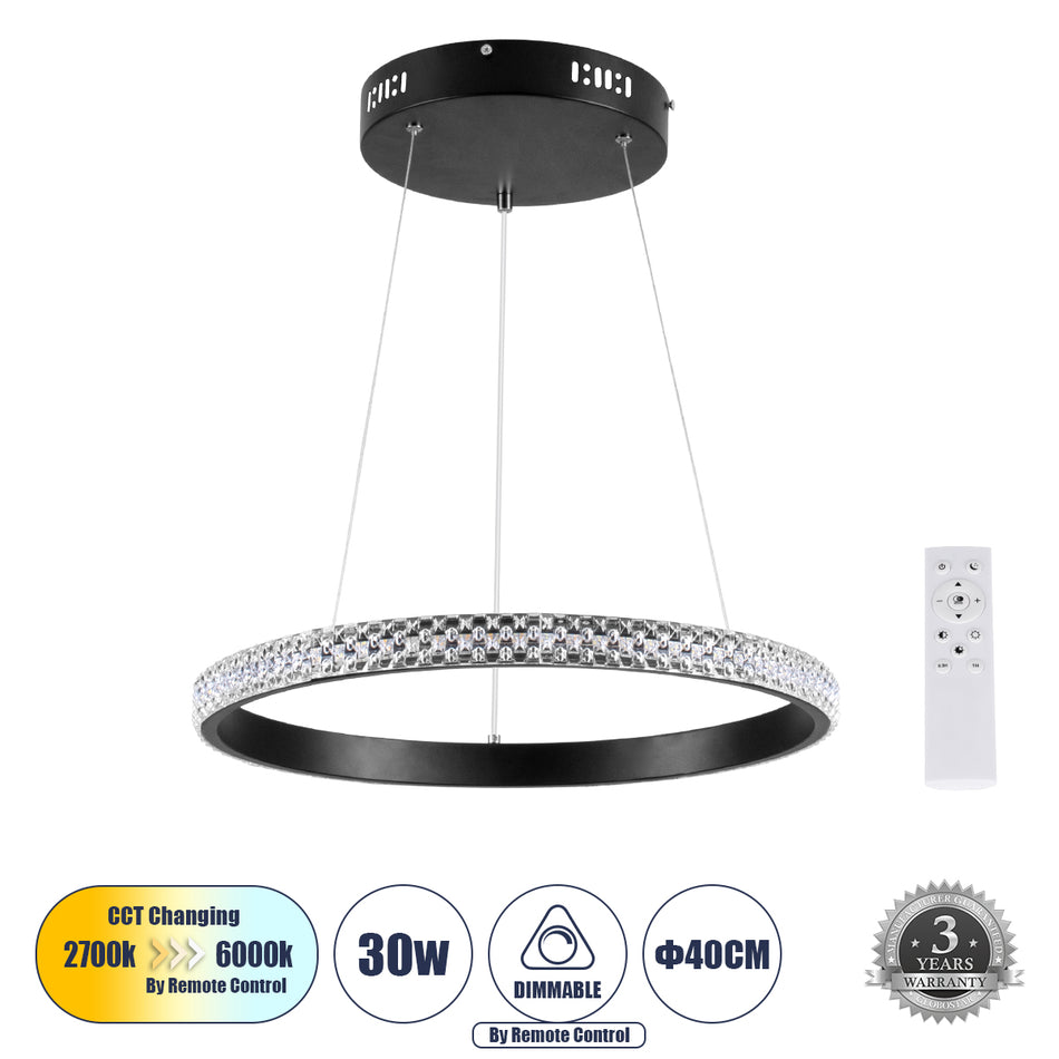 GLOBOSTAR® DIAMOND 61128 Μοντέρνο Κρεμαστό Φωτιστικό Οροφής LED 30W 3513lm 360° AC 220-240V IP20 Ρυθμιζόμενο Λευκό CCT με Χειριστήριο από 2700K έως 6000K Dimmable - Lumileds SMD Chip - Μαύρο Ματ - Μ40 x Π40 x Υ3cm - 3 Χρόνια Εγγύηση