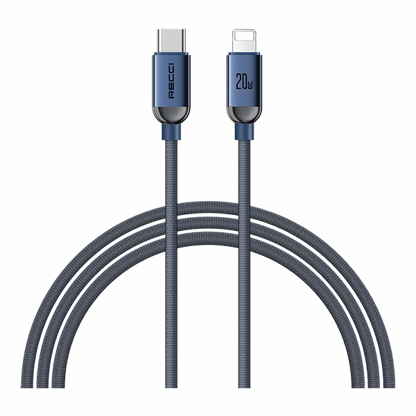 Recci RS09CL - PD30W Crystal Type-C σε Lightning Fast Charging Data Cable 1.2M Blue