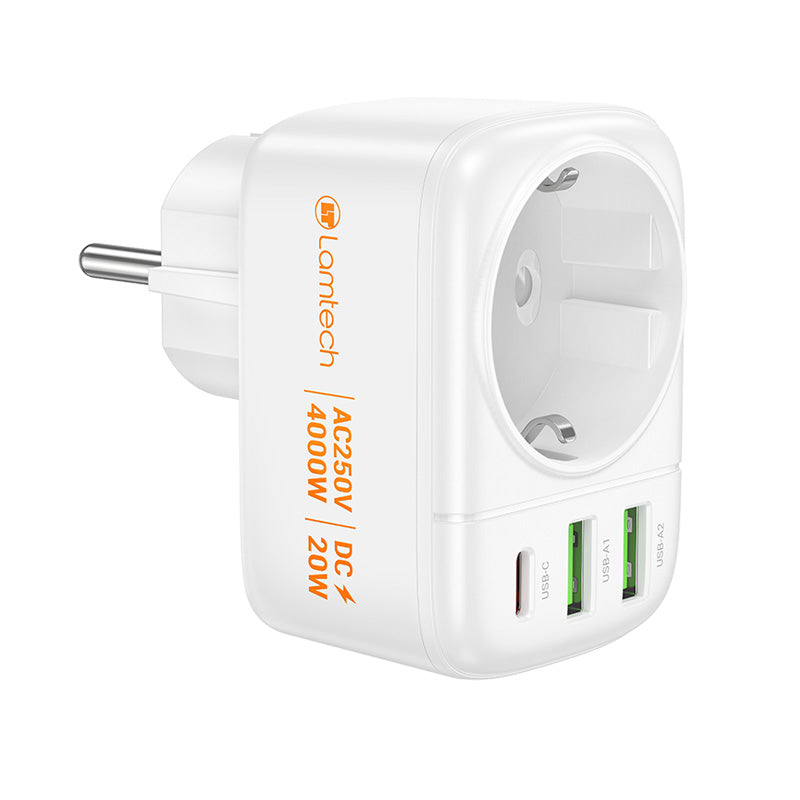 Lamtech Multifunctional Surge Protector Wall Socket 1x Schuko 2x Usb 1x Type C Pd20 W