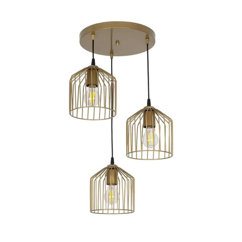 FLIXIO 201-0138 Vintage Κρεμαστό Φωτιστικό Οροφής με Ντουί 3 x E27 AC 220-240V IP20 - Χρυσό - Μ30 x Π30 x Υ70cm
