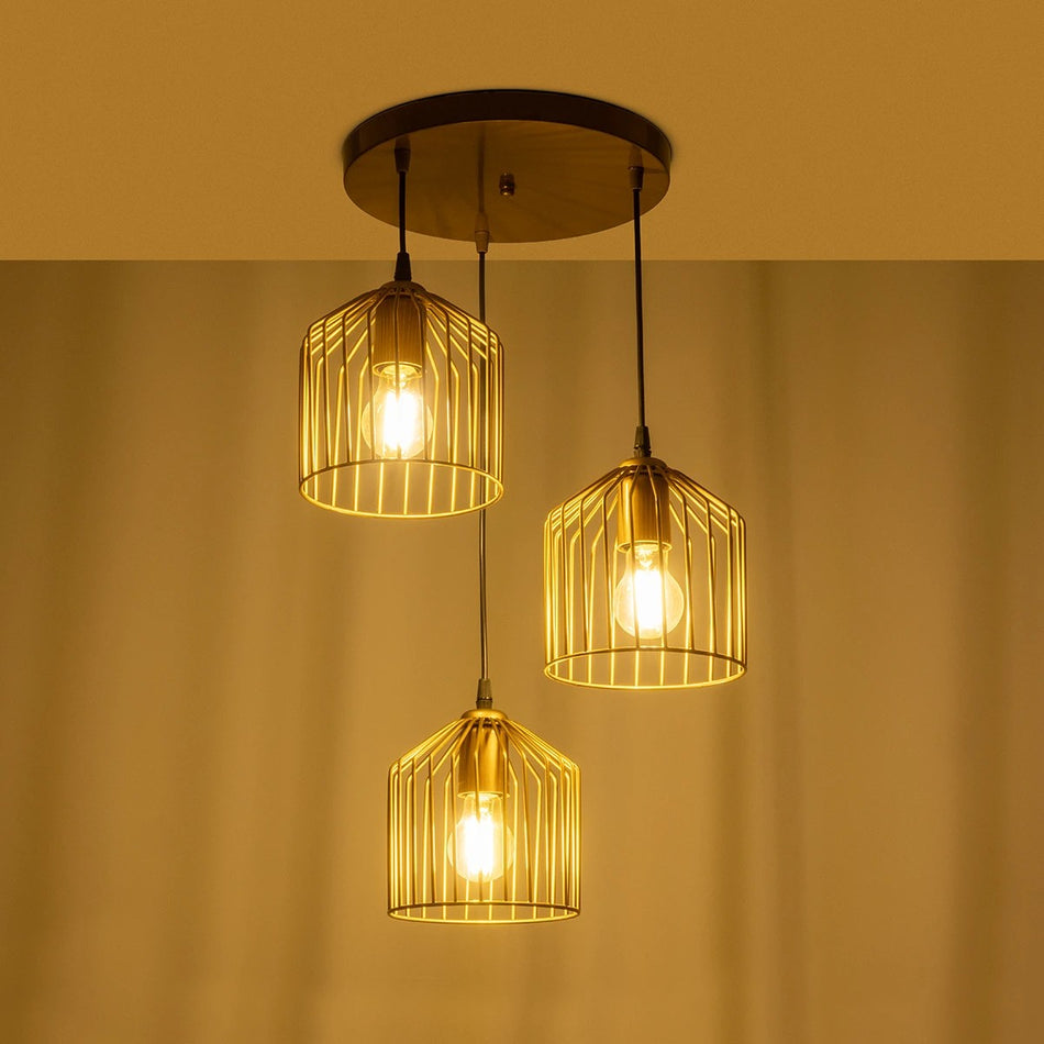 FLIXIO 201-0138 Vintage Κρεμαστό Φωτιστικό Οροφής με Ντουί 3 x E27 AC 220-240V IP20 - Χρυσό - Μ30 x Π30 x Υ70cm