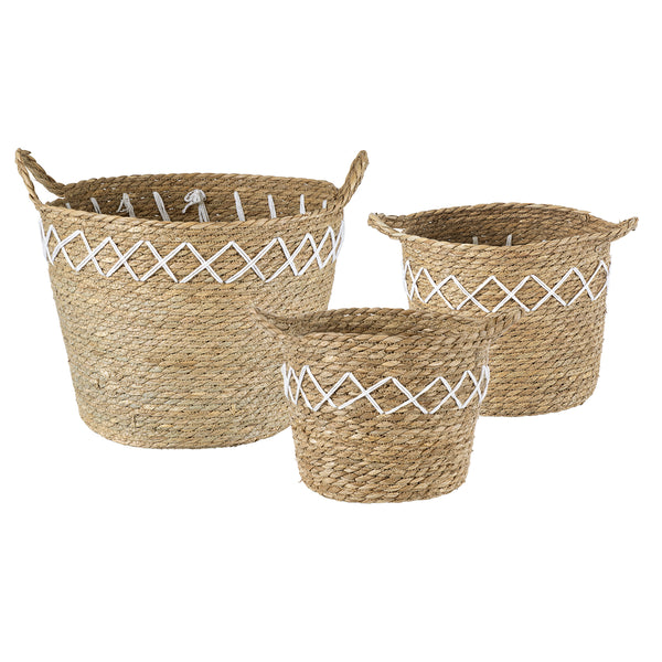 Künstlicher Garten ZAKYNTHOS 20336 SET mit 3 dekorativen geflochtenen Körben – Blumentöpfen – Blumentöpfen Beige mit Makramee A: Φ24 cm x H20 cm B: Φ28 cm x H24 cm C: Φ32 cm x H28 cm