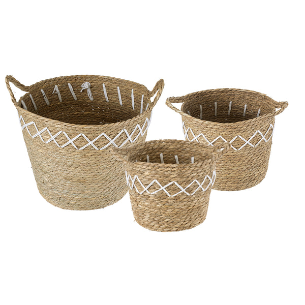 Künstlicher Garten ZAKYNTHOS 20336 SET mit 3 dekorativen geflochtenen Körben – Blumentöpfen – Blumentöpfen Beige mit Makramee A: Φ24 cm x H20 cm B: Φ28 cm x H24 cm C: Φ32 cm x H28 cm