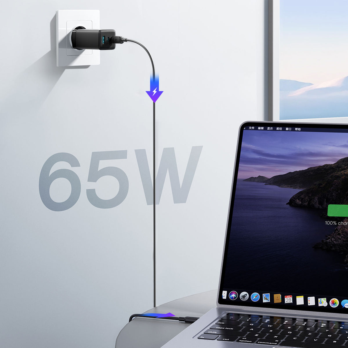 Joyroom JR-TG10 65W GaN 2x USB-C + USB-A wall charger with 100W USB-C - USB-C 1.2m cable - black