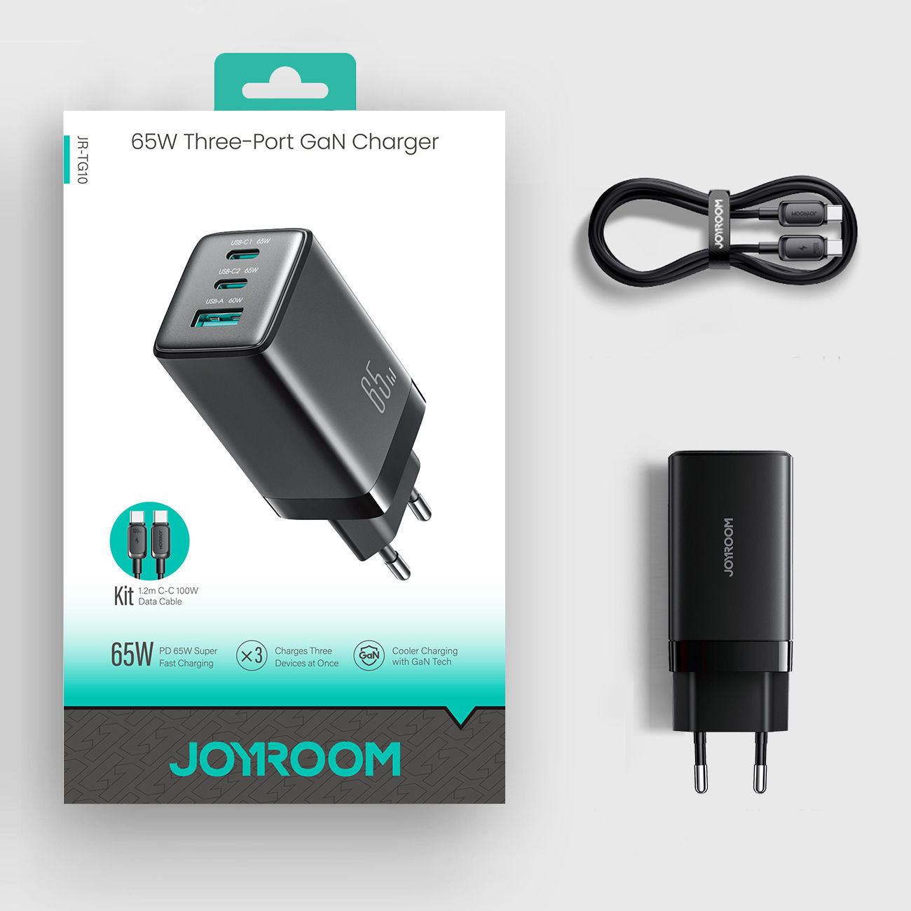 Joyroom JR-TG10 65W GaN 2x USB-C + USB-A wall charger with 100W USB-C - USB-C 1.2m cable - black