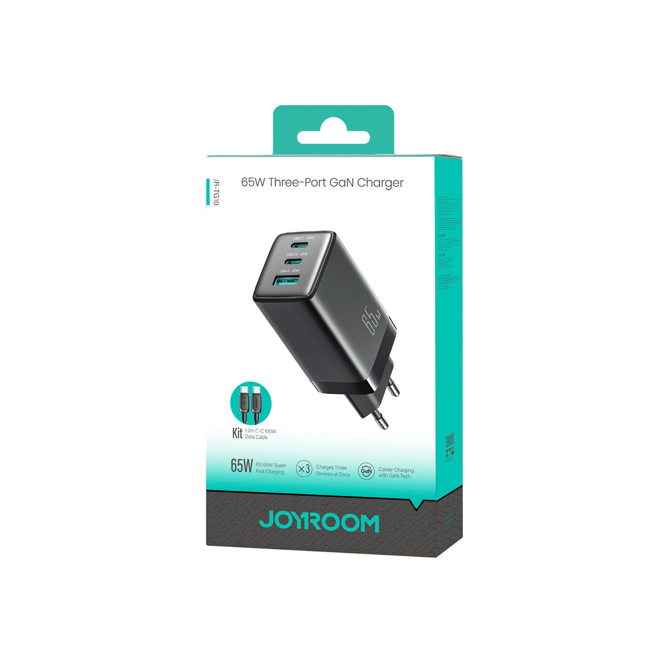 Joyroom JR-TG10 65W GaN 2x USB-C + USB-A wall charger with 100W USB-C - USB-C 1.2m cable - black
