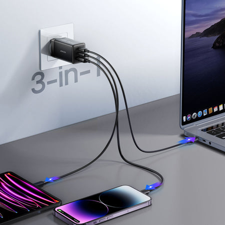 Joyroom JR-TG10 65W GaN 2x USB-C + USB-A wall charger with 100W USB-C - USB-C 1.2m cable - black