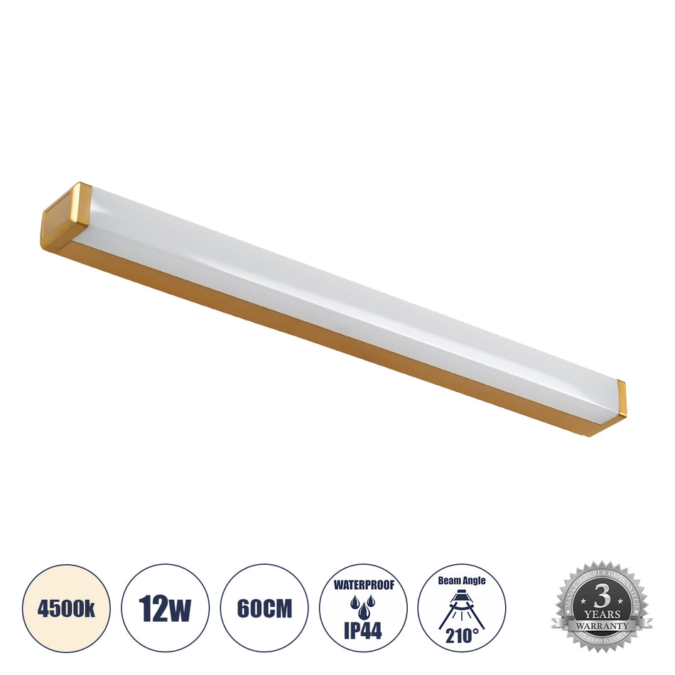 GLOBOSTAR® RENATA 60443 Μοντέρνο Φωτιστικό Τοίχου - Απλίκα Καθρέπτη Μπάνιου LED 12W 1400lm 210° AC 220-240V IP44 Φυσικό Λευκό 4500K - Lumileds SMD Chip & TÜV SÜD Driver - Χρυσό Βούρτσας - Μ60 x Π4 x Υ5.5cm - 3 Χρόνια Εγγύηση
