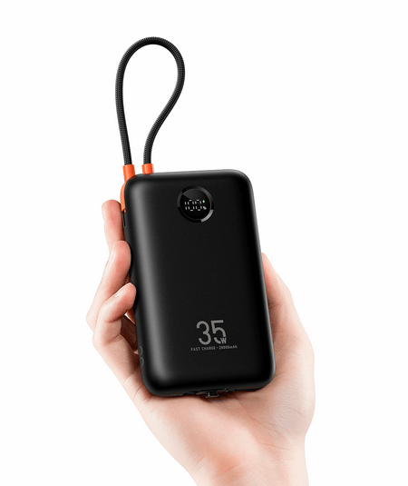 Veger K2 - 20,000mAh 35W PD Digital Display Powerbank With Built In Non-MFI Lightning & USB-C Cable - Black