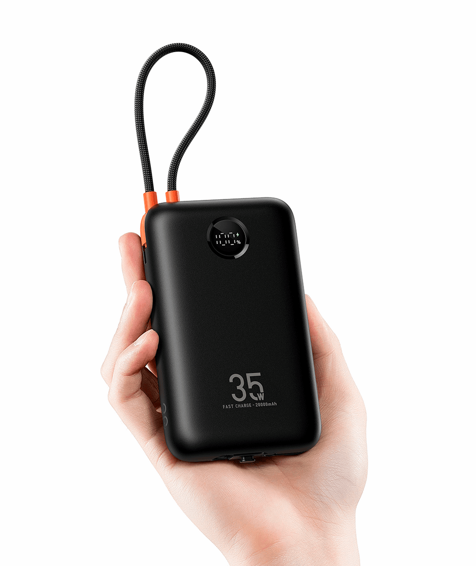 Veger K2 - 20,000mAh 35W PD Digital Display Powerbank With Built In Non-MFI Lightning & USB-C Cable - Black