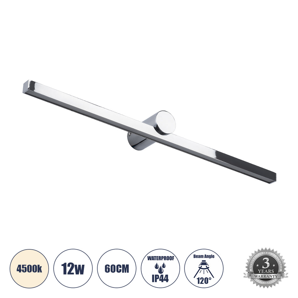 GLOBOSTAR® ROSA 60451 Μοντέρνο Φωτιστικό Τοίχου - Απλίκα Καθρέπτη Μπάνιου LED 12W 1400lm 120° AC 220-240V IP44 Φυσικό Λευκό 4500K - Lumileds SMD Chip & TÜV SÜD Driver - Νίκελ Χρώμιο - Μ60 x Π15 x Υ7cm - 3 Χρόνια Εγγύηση