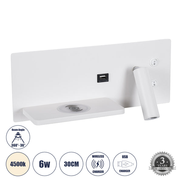 PALADIN Moderne Wandleuchte – Leselicht und versteckte Beleuchtung – LED am Bett, 6 W, 720 lm, 36° AC 220–240 V – USB-Ladegeräte 3 A und kabellos 20 W