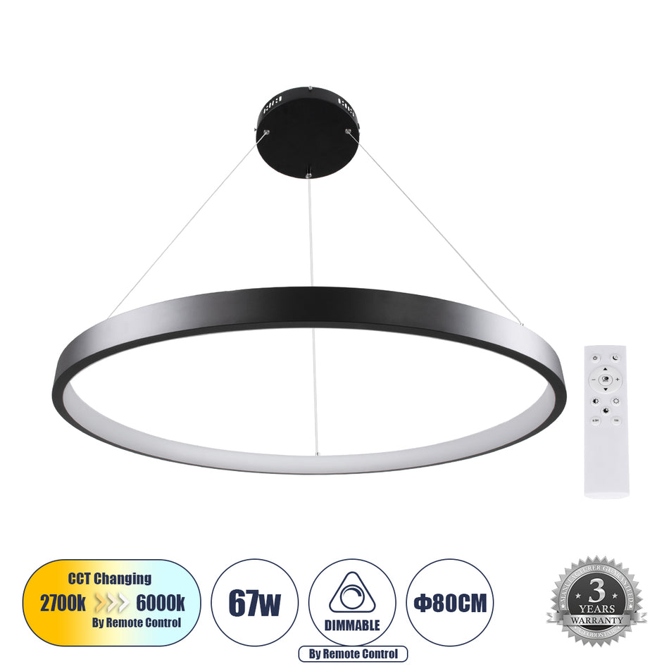 GLOBOSTAR® NEMESIS 61161 Μοντέρνο Κρεμαστό Φωτιστικό Οροφής LED 67W 7689lm 360° AC 220-240V IP20 Ρυθμιζόμενο Λευκό CCT με Χειριστήριο από 2700K έως 6000K Dimmable - Lumileds SMD Chip - Μαύρο Ματ - Μ80 x Π80 x Υ4cm - 3 Χρόνια Εγγύηση