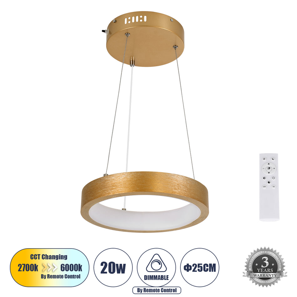 GLOBOSTAR® NEMESIS 61154 Μοντέρνο Κρεμαστό Φωτιστικό Οροφής LED 20W 2356lm 360° AC 220-240V IP20 Ρυθμιζόμενο Λευκό CCT με Χειριστήριο από 2700K έως 6000K Dimmable - Lumileds SMD Chip - Χρυσό Βούρτσας - Μ25 x Π25 x Υ4cm - 3 Χρόνια Εγγύηση