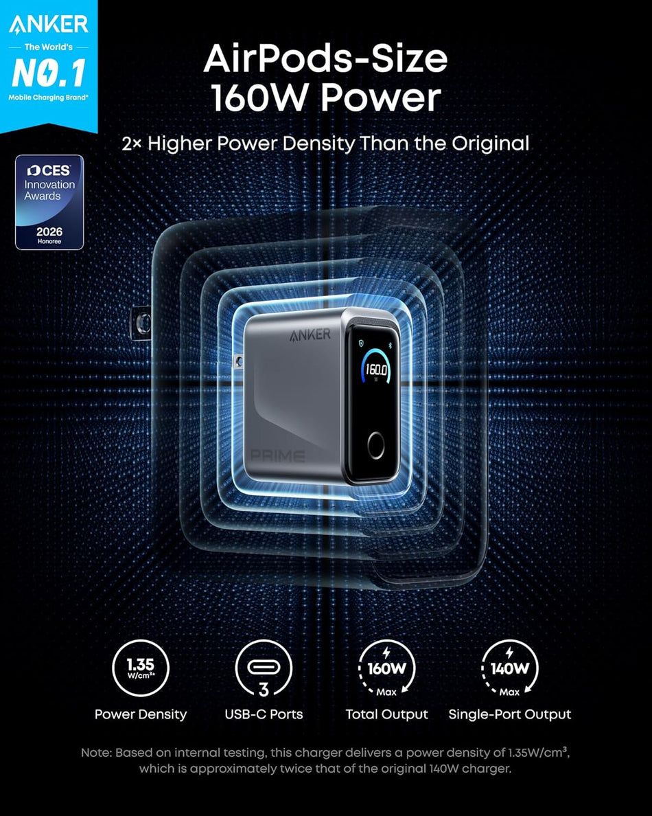 CHARGEUR MURAL ANKER PRIME 160W 3 PORTS AVEC ÉCRAN
