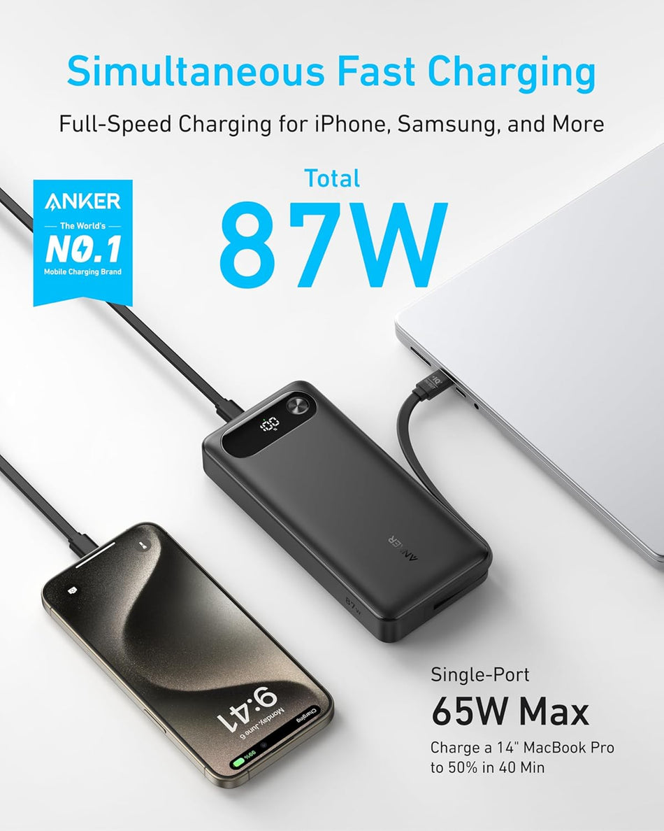 ANKER Powerbank 20,000mAh 87W Max Fast Charging Built-in USB-C Cable