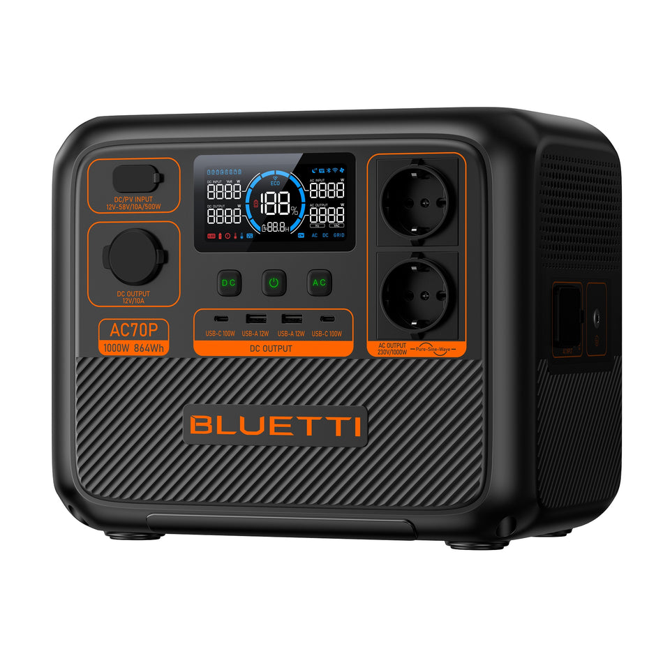 BLUETTI Générateur solaire AC70P, station d'énergie portable de 1 000 W CA 864 Wh