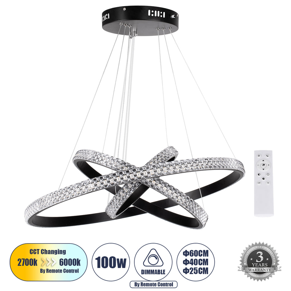 GLOBOSTAR® DIAMOND TRIO 61136-DECO Μοντέρνο Κρεμαστό Φωτιστικό Οροφής LED 100W 12123lm 360° AC 220-240V IP20 Ρυθμιζόμενο Λευκό CCT με Χειριστήριο από 2700K έως 6000K Dimmable - Lumileds SMD Chip - Μαύρο Ματ - Μ60 x Π60 x Υ60cm - 3 Χρόνια Εγγύηση