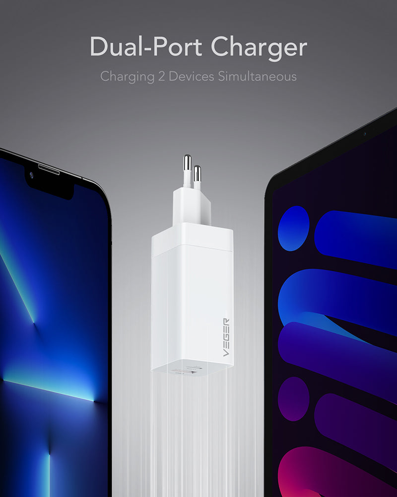 Veger CPD65E Chargeur sans fil GaN avec port USB-A et port USB-C 65W Power Delivery / Quick Charge 3.0 Blanc