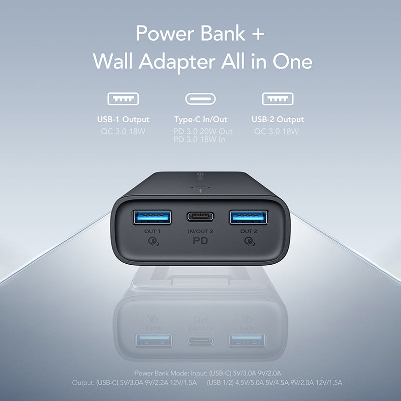 Veger ACE100 Power Bank 10000mAh 20W με 2 Θύρες USB-A και Θύρα USB-C Power Delivery / Quick Charge 3.0 Μαύρο